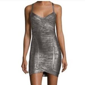 Herve Leger Kourtney Woodgrain Foil Bandage Dress in Silver XS - Great Condition